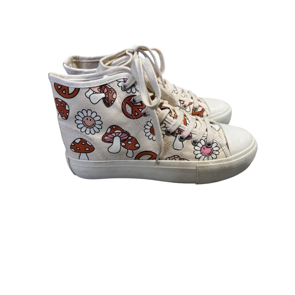 American Eagle Size 7 High Top Sneakers Mushroom Daisy Peace Sign Canvas Shoes